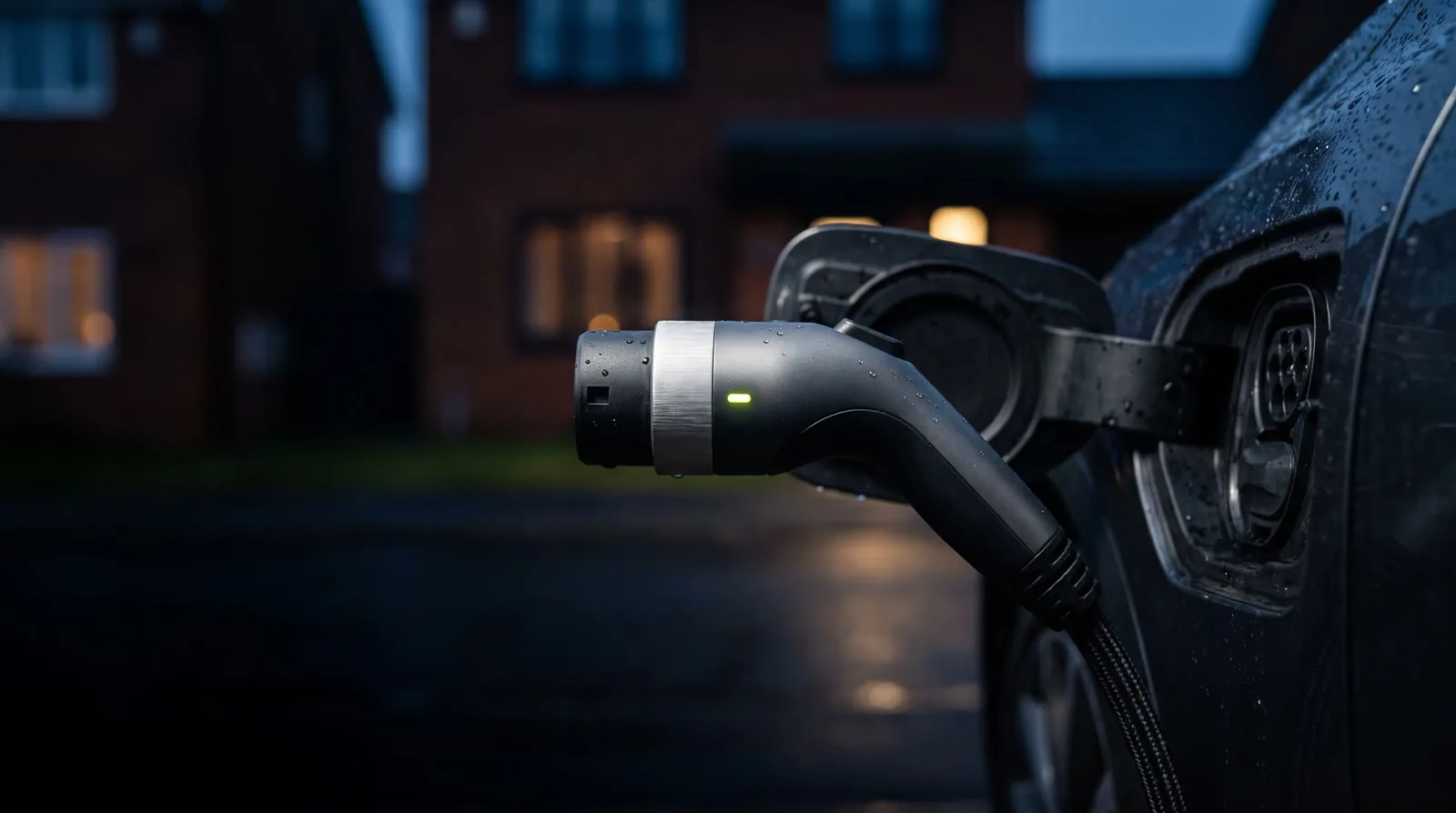 A rain-speckled EV connector beside an open charge port at night.