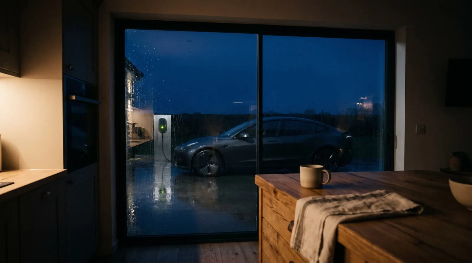 A quiet kitchen at night with the parked electric car visible outside.