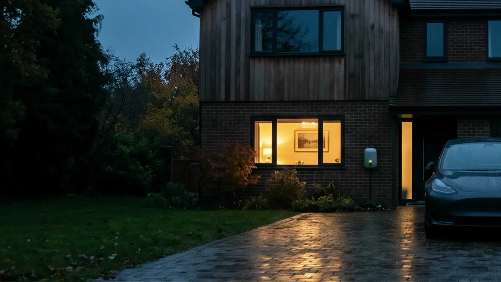 An electric car on the drive of a warmly lit British home after rain.