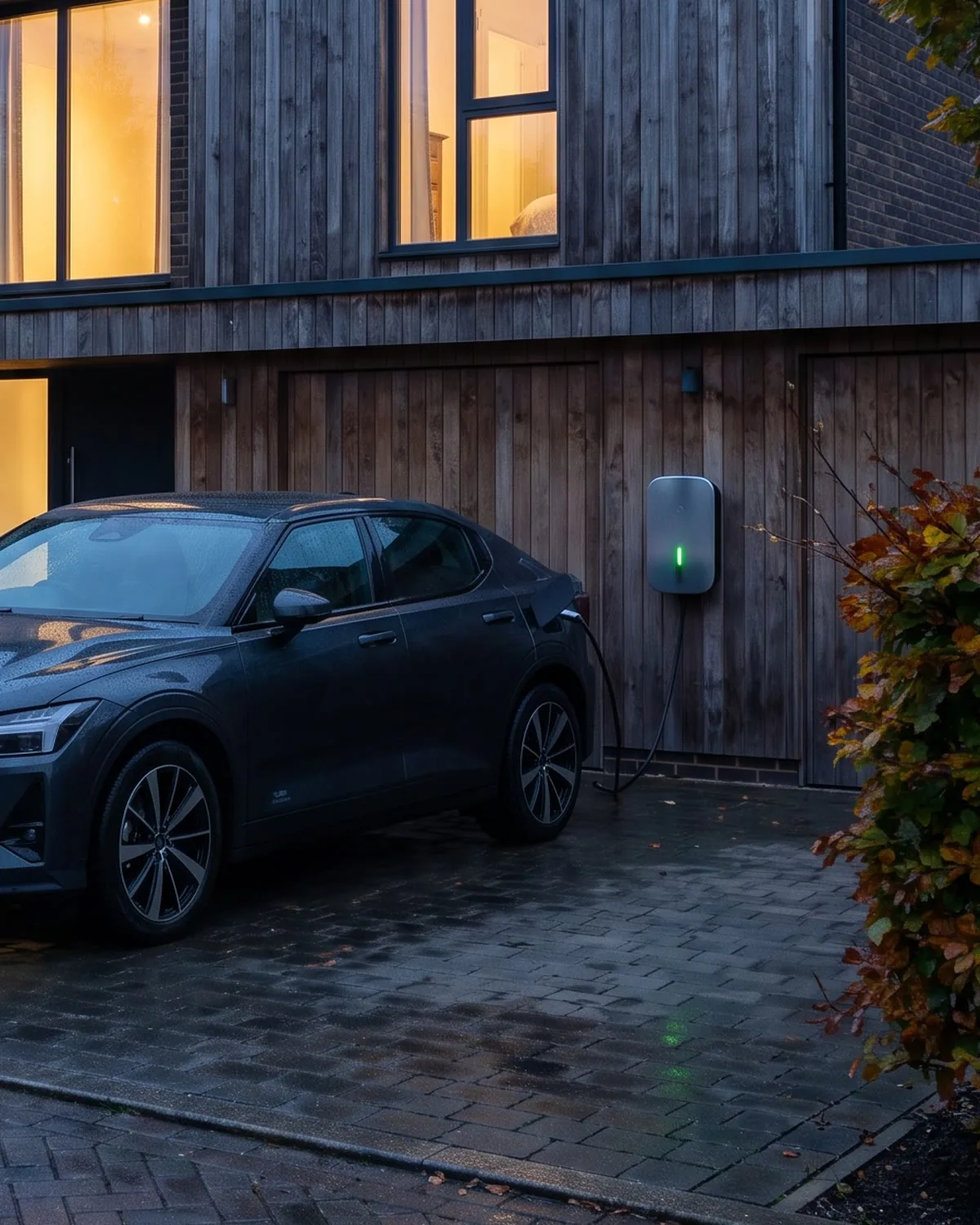 A close crop of a compact home charger fitted beside a dark timber wall.