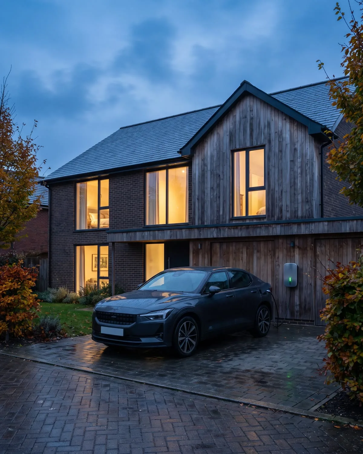 A modest contemporary home and electric car beneath a dark blue evening sky.